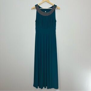 Sandiva Beaded Embellished necklace Teal stretchy Prom Maxi Gown Dress Size M